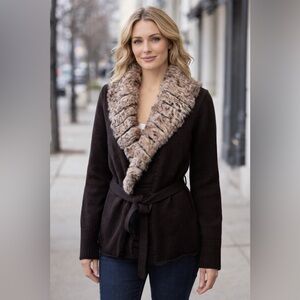 ELIE TAHARI Women's Fur Collar Belted cardigan Small